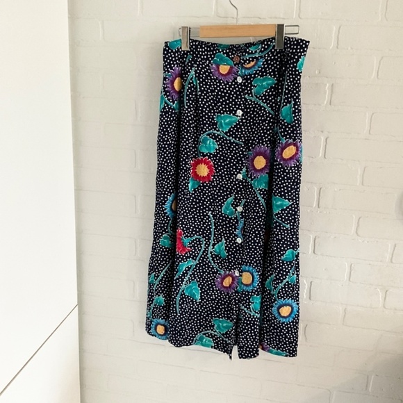 Vintage Maxi skirt Button down Navy Polka dot Dark Floral print Coquette 20W - Picture 7 of 8